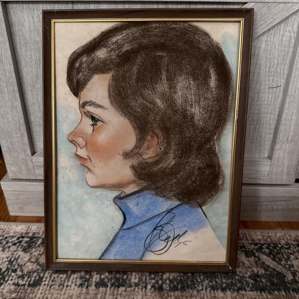 Vintage 1975 Pastel Profile‎ Portrait of a Young Woman 8"x11" Framed Signed